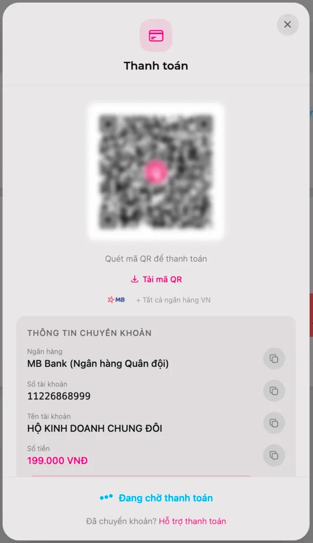 taothieponline.app 上通过 SePay 网关在线支付的步骤：二维码、转账信息及待支付状态