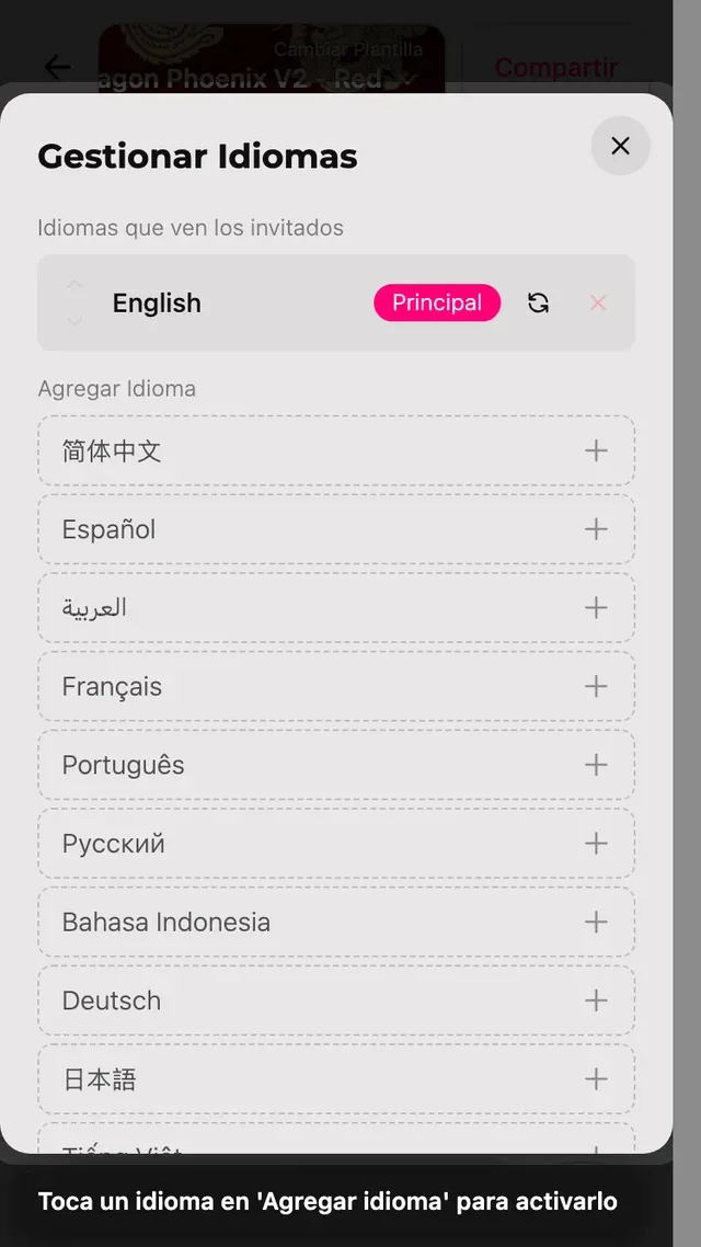 El panel de idiomas con la lista Añadir idioma