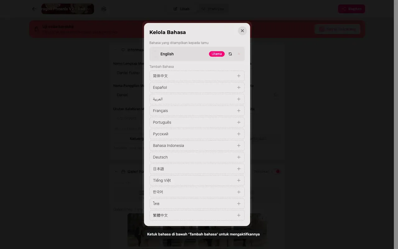 Panel bahasa dengan daftar Tambah bahasa