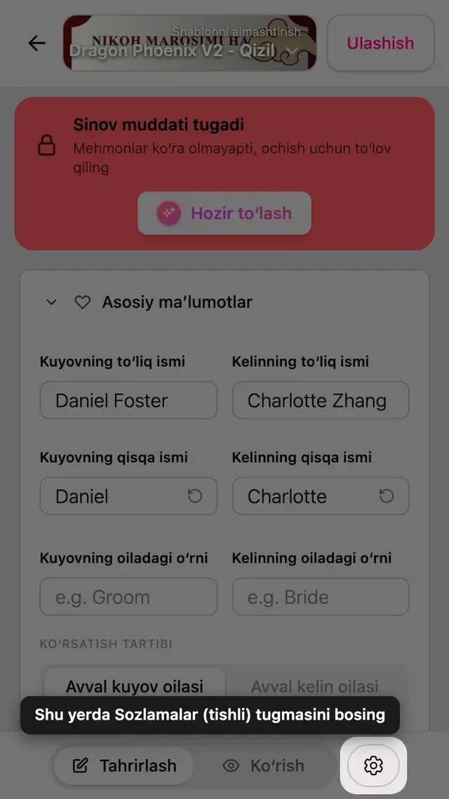 Muharrir tepasidagi sozlamalar tishli gʻildiragi